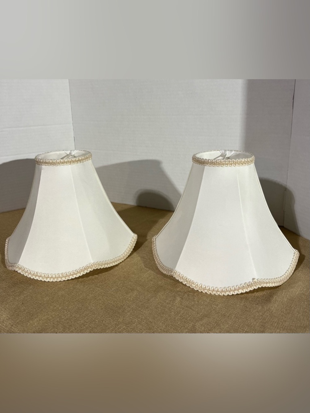 Pair Of Cream Bell Scalloped Lamp Shades 4” Top x 10'' Bottom x 8”H Braid Trim